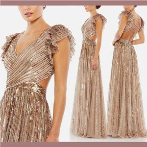 NEW$599 Mac Duggal [ 6 ] Sequined Cut Out Ruffle Sleeve Lace Up Gown Copper Q605